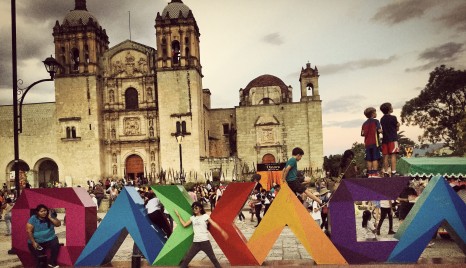 Oaxaca sign in front of Santo Domingo Church