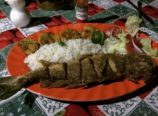 The most fresh fried fish with plantains and rice